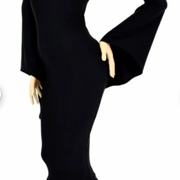 Morticia V-Neck Gown in Black Zen with Long Pixie Sleeves and Puddle Train + Wig - Picture 2 of 6